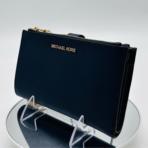 Michael Kors Large Double Zip Wallet Wristlet Navy Blue/Gold - Picture 1 of 6